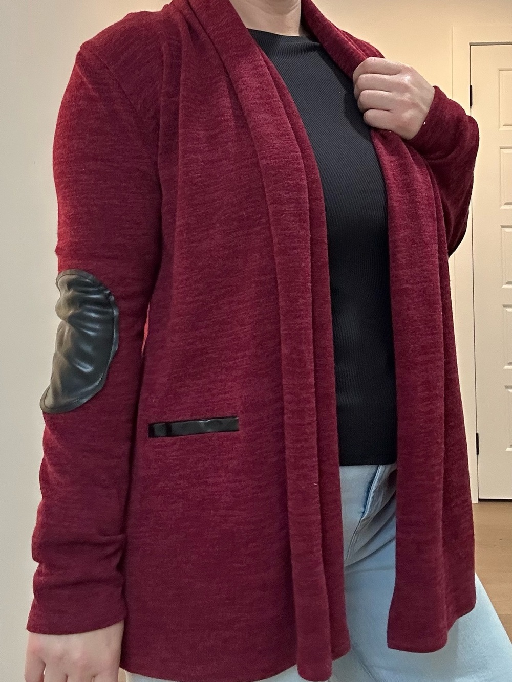 Rachel Kate Burgundy Knit Cardigan Faux Leather Elbow Patches Small